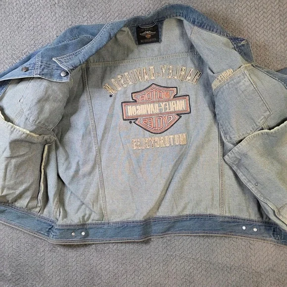 Harley-Davidson Denim Jacket 3XL Big & Tall Blue Jean Trucker Embroidered Logo - Picture 6 of 11